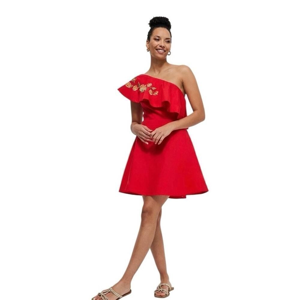 Fanm Mon Canan Red Embroidered One Shoulder Dress - S